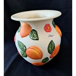 Claire Burke Summer Peach Bisque Vase Hand Decorated Pottery Signed